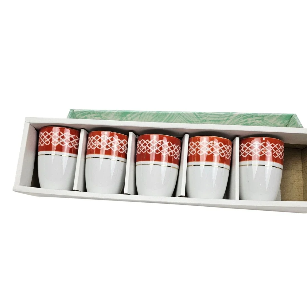 Set of 5 Red White Kutani Geometric Pattern Gold Rimmed Porcelain Tea Cups‎